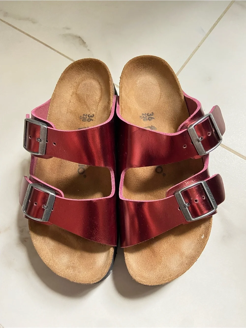 Papillio Women's Metallic Red Double-Buckle Slide Sandals